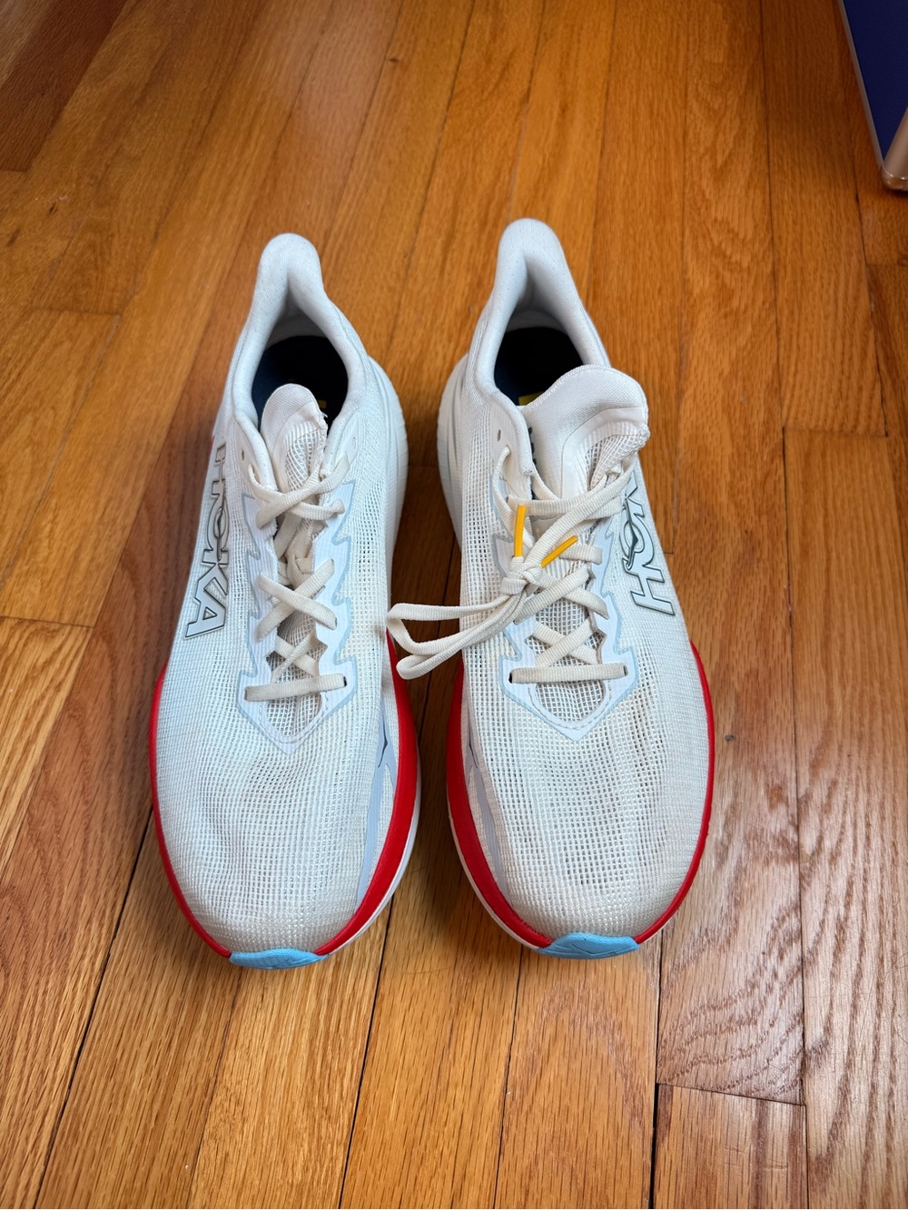 Hoka Mach 3 White Running Shoes with Red & Light Blue Accents